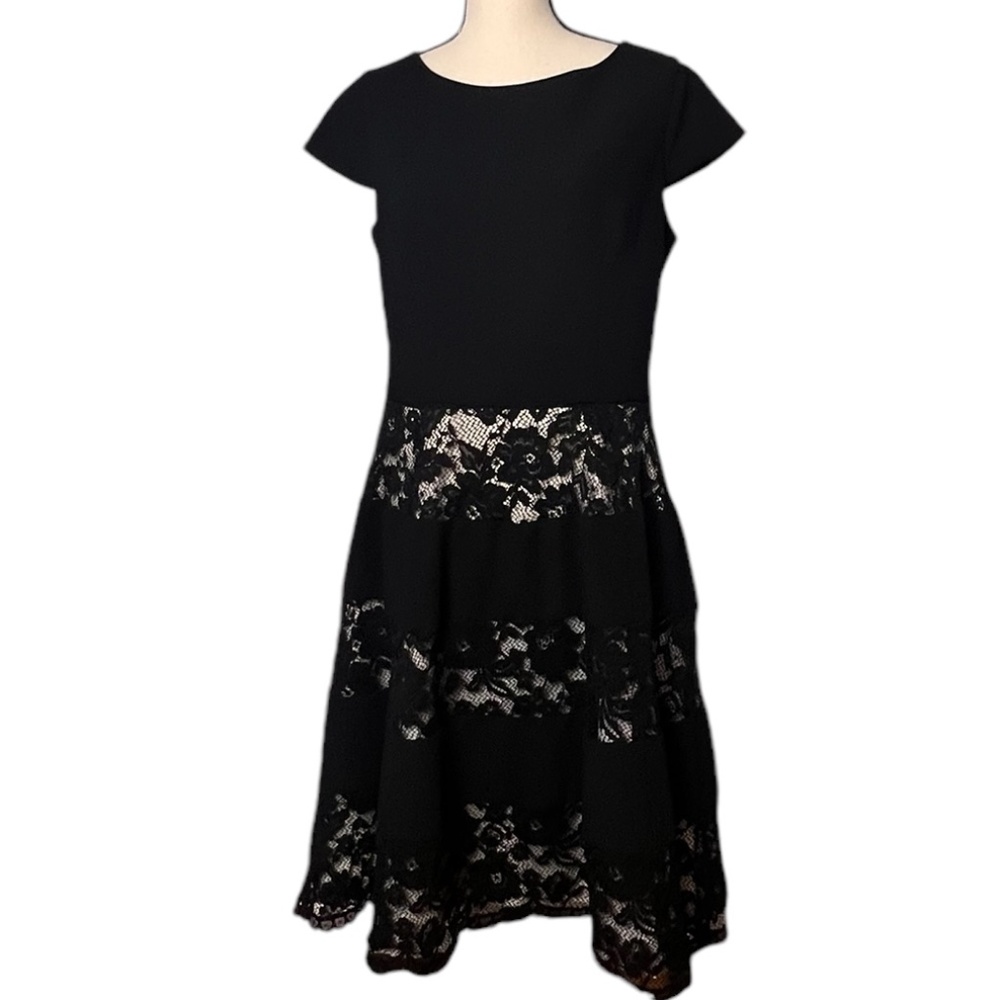 French Luxe Women's Lace Cap Sleeve Black Midi Dress 10 Fully Lined Back Zipper